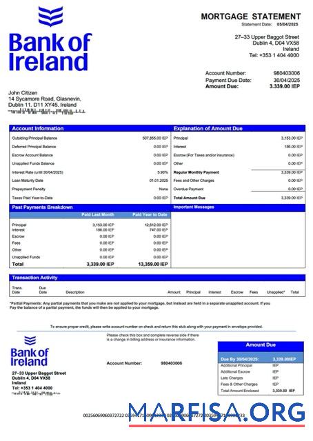 Printable Ireland Bank of Ireland mortgage statement Word and PDF template